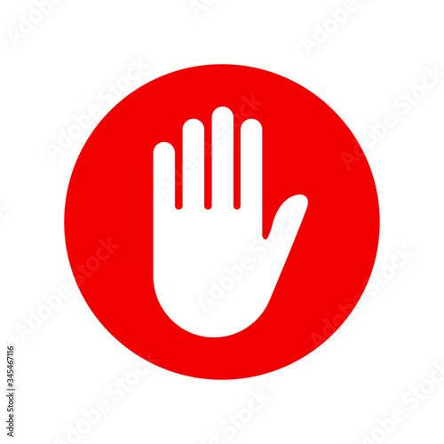Stop red road sign. Vector isolated illustration. Red vector sign with hand symbol isolated on white background.