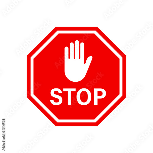 Stop red road sign. Vector isolated illustration. Red vector sign with hand symbol isolated on white background.