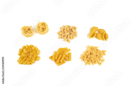 Collection of italian pasta portion isolated on white background.