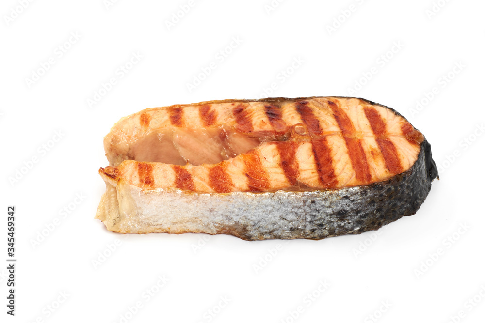 Grilled salmon steak isolated on white background