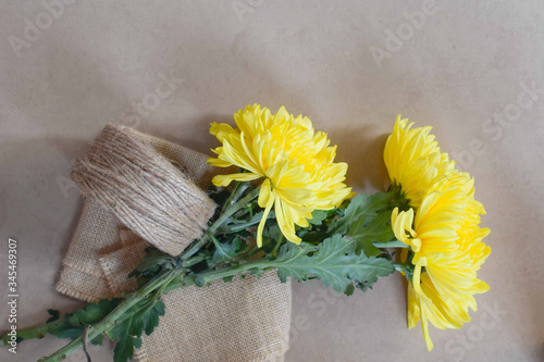 Yellow flower on a piece of a brown burlap sack and a roll of burlap string.
