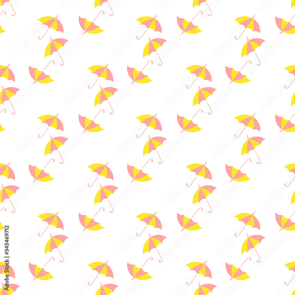 seamless pattern with pink and yellow umbrellas on a white background. Fun background for fabric and other surfaces. Vector flat style seamless pattern with pink and yellow umbrellas on a white background. Fun background for fabric and other surfaces. Vector flat style