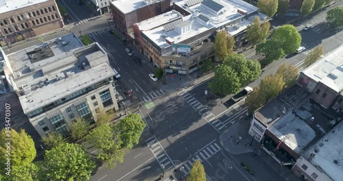 Historic aerial footage of empty streets in downtown Portland, Oregon due to COVID-19. photo