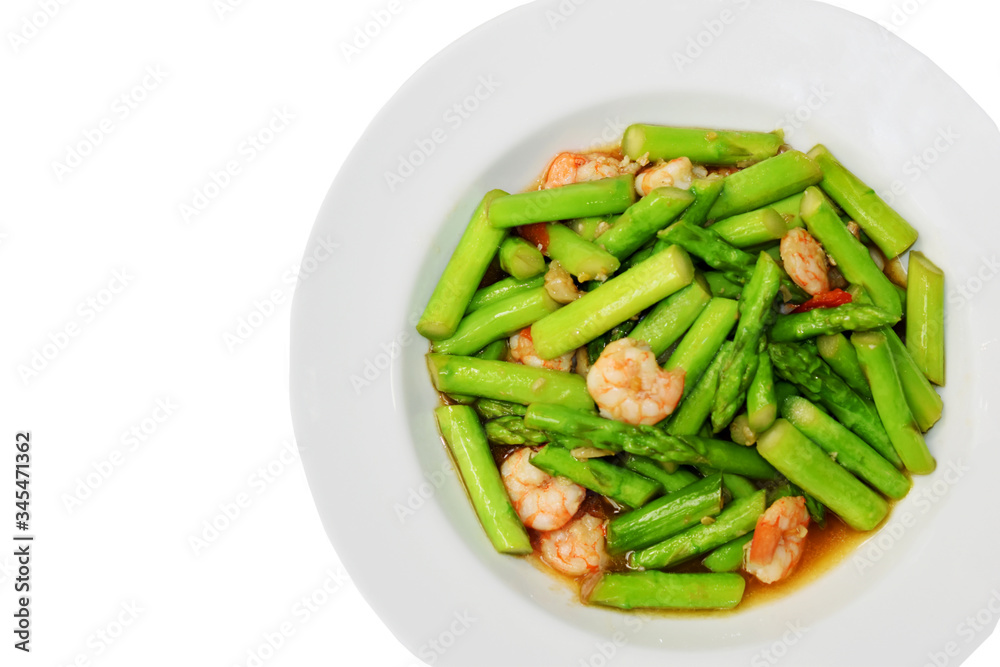 Stir-fried Asparagus with Shrimp on white Stir-fried Asparagus with Shrimp on white