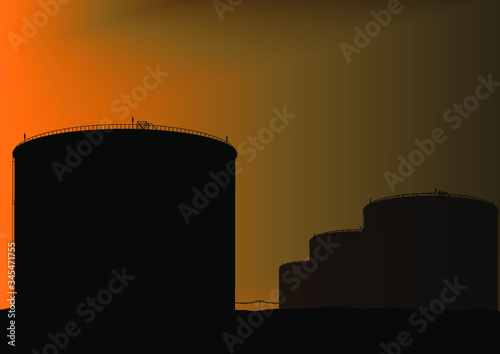 Vector isolated of silhouette oil refinery storage tank in sunset oil war price concept for background