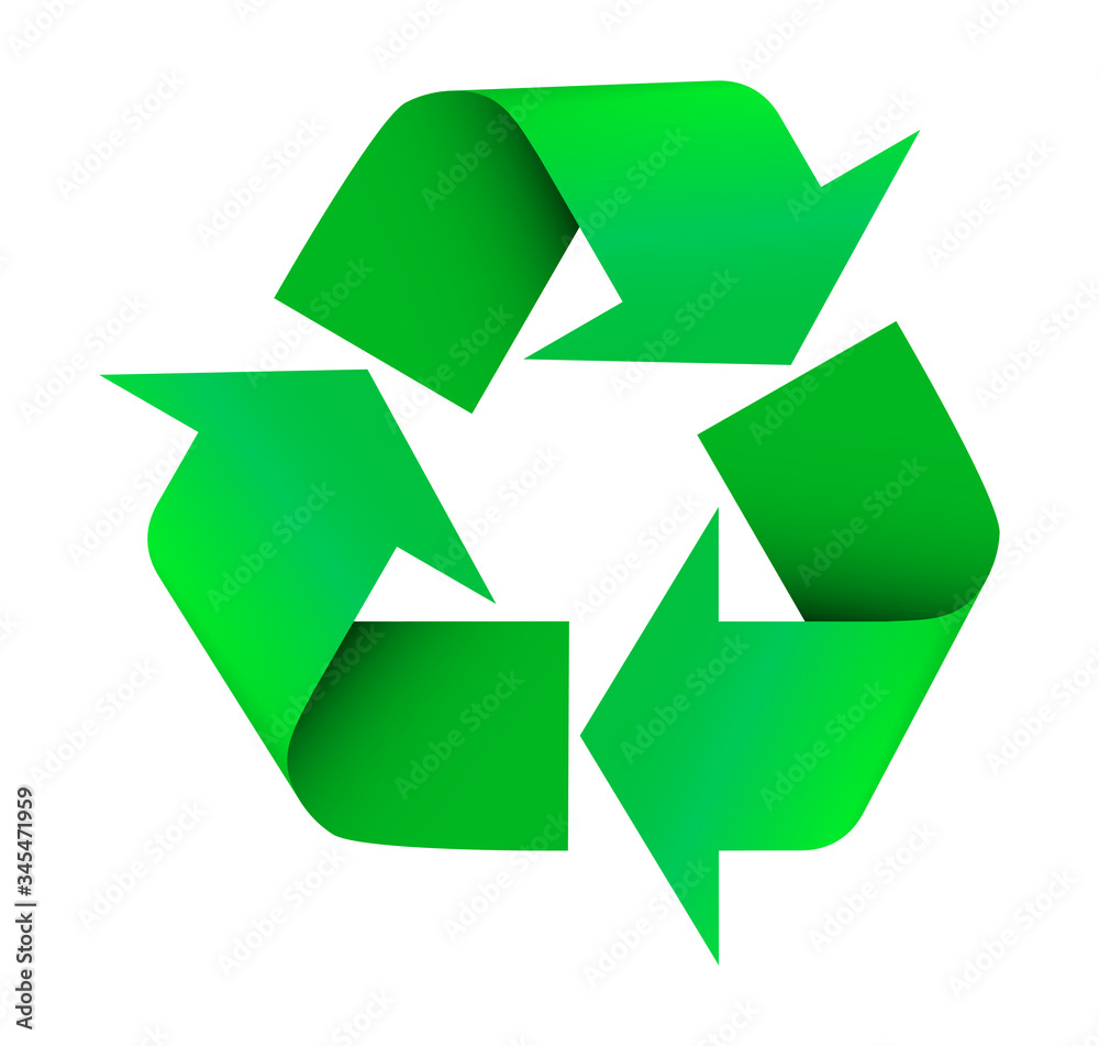 Green sign for recycling garbage, used raw materials. Caring for the environment. Vector in realistic style Green sign for recycling garbage, used raw materials. Caring for the environment. Vector in realistic style