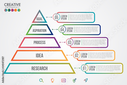 Pyramid triangle infographic colorful template with 5 steps or options concept.Each part contains unique number, icon and space for own text or other purposes.Can be used for web, diagram, graph.