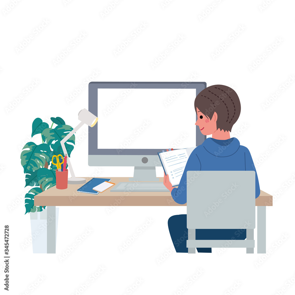 オンライン授業　パソコン　授業　イラスト　男の子
