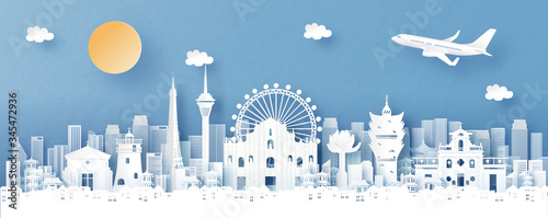 Panorama view of Macau, China with temple and city skyline with world famous landmarks in paper cut style vector illustration photo