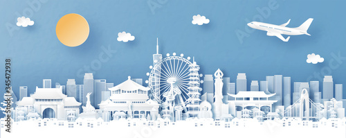 Panorama view of Guangzhou, China with temple and city skyline with world famous landmarks in paper cut style vector illustration