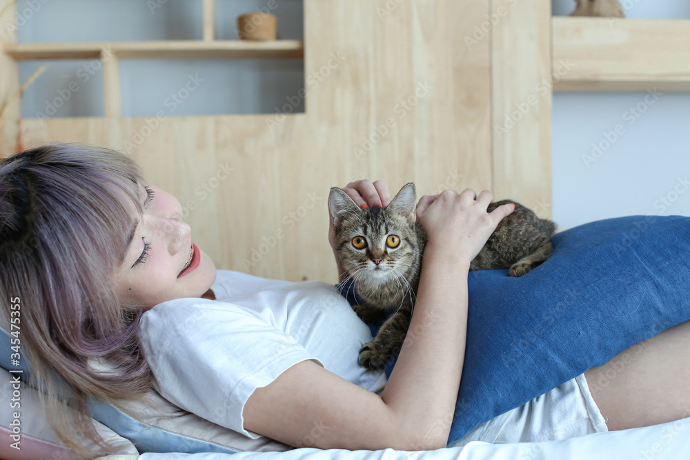 A cat lying on a person. Asian young woman with cute cat lying in sofabed at home.