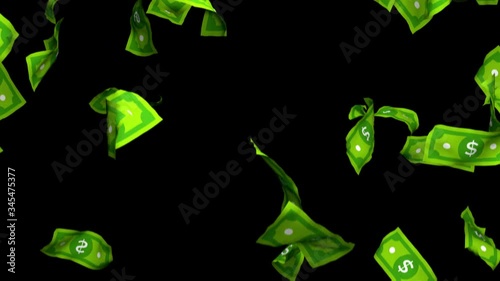 Dollar bills cartoon style Animation falling on screen, concept of business success, seamless loop, 3D render, with alpha channel.