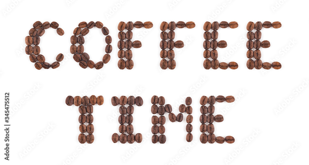 High resolution roasted coffee beans arranged in letters on white background for coffee menus or coffee shop signs