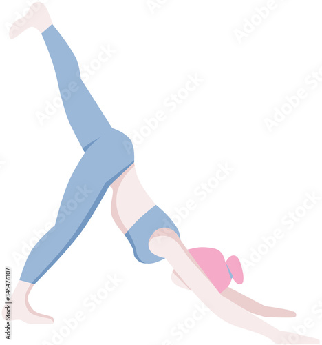Girl is doing yoga. Illustration. Vector image. Pink hair. Leg down dog
