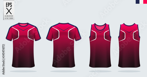 T-shirt mockup, sport shirt template design for soccer jersey, football kit. Tank top for basketball jersey and running singlet. Sport uniform in front view and back view.  Mock up Vector Illustration