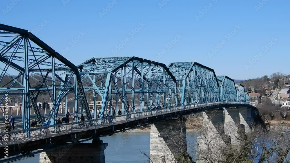 People Walking Running Across Bridge Over Water With Scenic Waterfront Buildings In Distance Right To Left Pan 001 People Walking Running Across Bridge Over Water With Scenic Waterfront Buildings In Distance Right To Left Pan 001