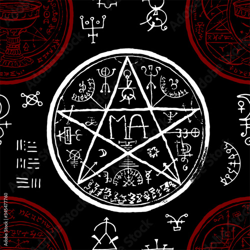 Seamless pattern with pentagram and mystic, fantasy symbols on black. Halloween line art vector illustration. Esoteric, occult and gothic background