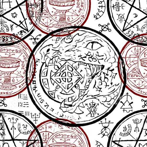 Seamless pattern with magic seals and mystic symbols on white. Halloween line art vector illustration. Esoteric, occult and gothic background