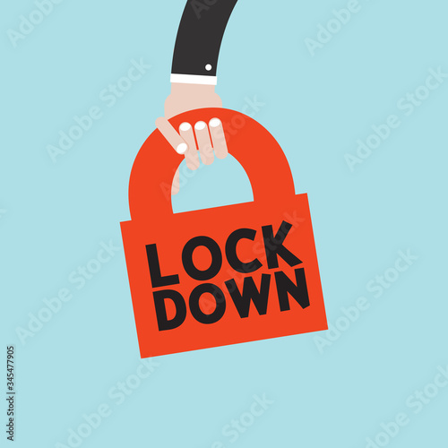 The Hand of a Man with a Key That has the Word Lockdown. Locking Down to Prevent Corona Virus Or Covid-19 Not to Spread Widely Vector Illustration