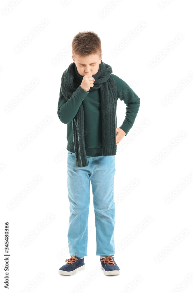 Ill coughing little boy on white background Ill coughing little boy on white background