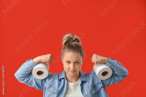 Woman with toilet paper on ...