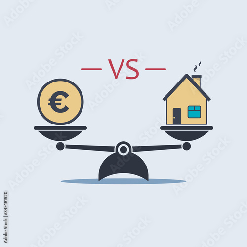 euro coin vs house icon on scale. vector symbol in flat style
