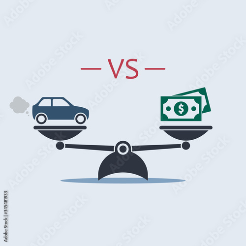 car vs dollar money icon on scale. vector symbol in flat style. buying car concept
