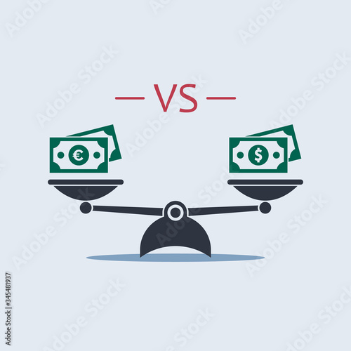dollar vs euro on scales. vector symbol flat style