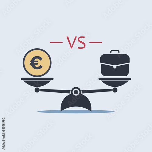 euro vs briefcase on scale. money making concept, vector symbol in flat style