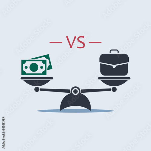 money banknote vs briefcase on scale. vector symbol in flat style