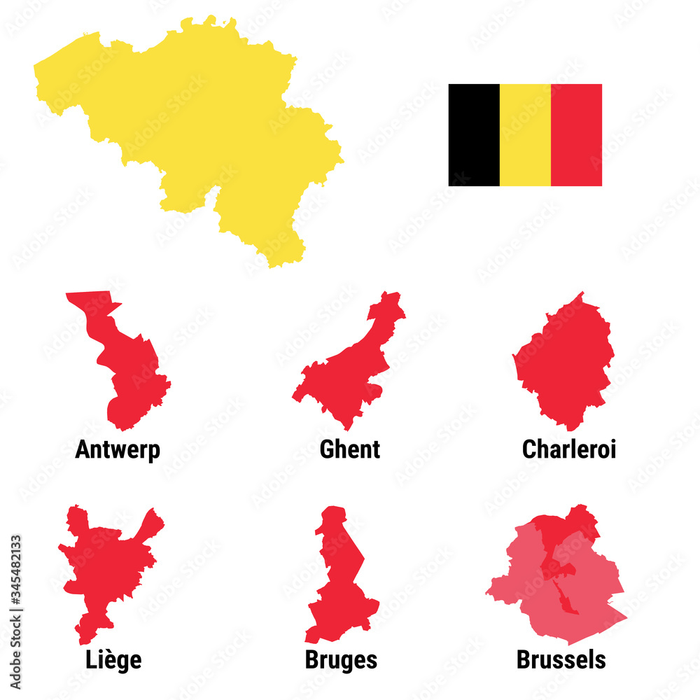 Fototapeta premium Belgium infographic map city Brussels Bruxelles, Liege Luik, Gent Ghent, Brugge Bruges, Charleroi, Antwerp Antwerpen with national flag