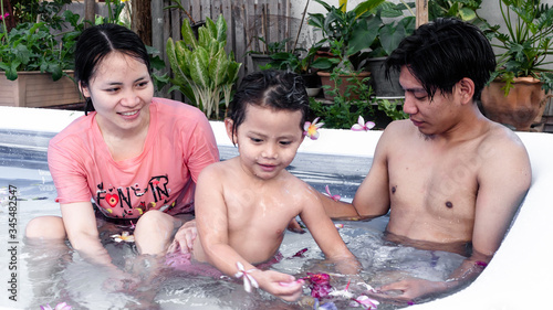 Family are relaxing in a small pool to release the heat in summer at home. Happy child, happy family, healthy family, childhood concept.
