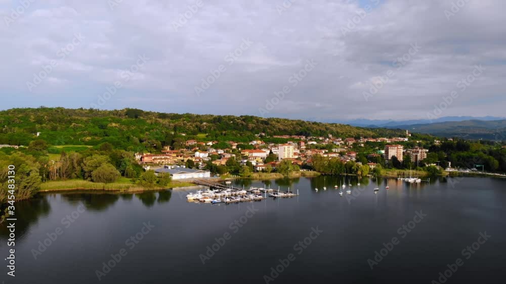 aerial view on the italian city buildings on seaside yachts in lake orta on the background mountain landscape aerial view on the italian city buildings on seaside yachts in lake orta on the background mountain landscape