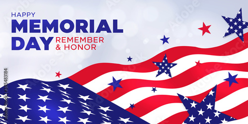 Memorial Day holiday banner, USA flag waving on light background with stars. Design template for sale, discount, advertisement, web. Place for your text. Vector illustration