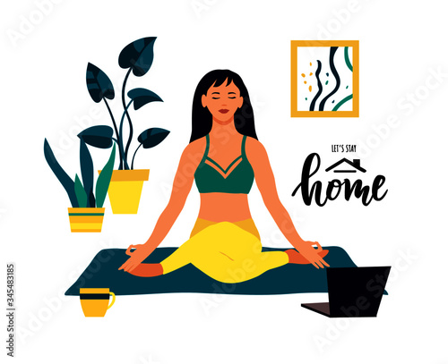 Girl doing yoga at home with notebook online. Let's stay home hand lettering text. Fitness lifestyle. Coronavirus quarantine concept. Flat vector illustration.