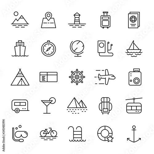 Holiday travel and vacation 25 line icons