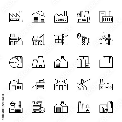 Industrial factory building 25 line icons