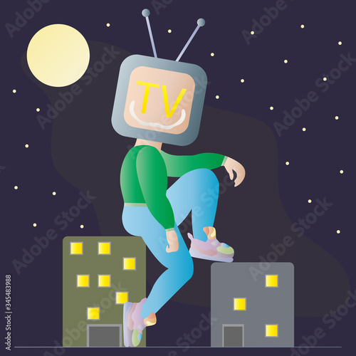 Television Addiction. Evil TV god with insidious smile captured world and sits on a multi-storey building at night under full moon. Man with TV instead of head. Social problem vector illustration.