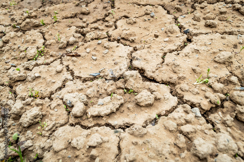 Cracks in dry soil due to lack of rainfall. Barren soil with cracks