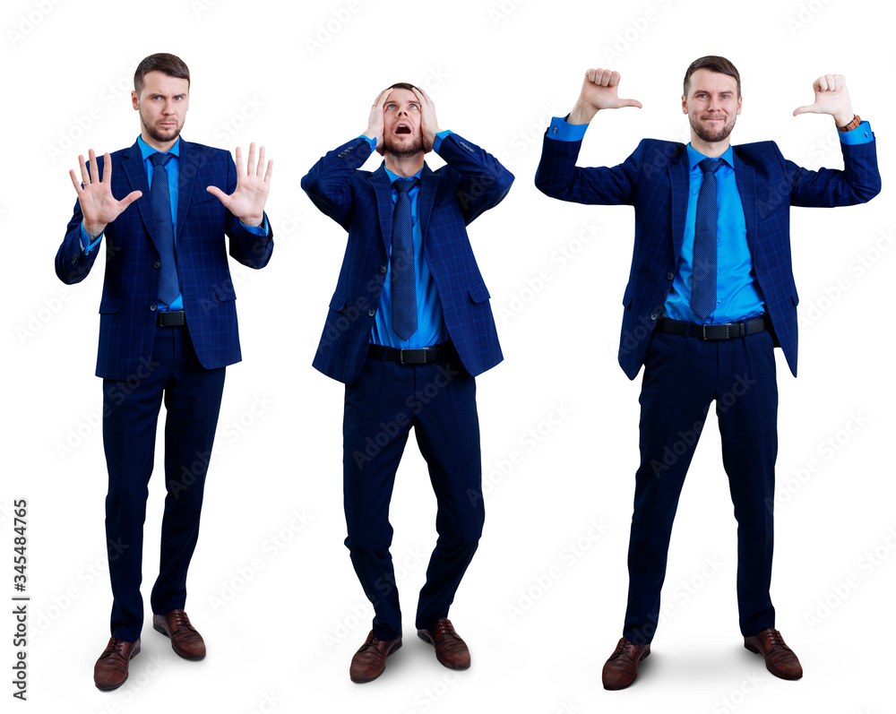 Obraz premium Collage of young businessman shows different gestures.