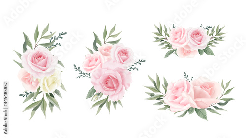 Rose Flower Collection Eucalyptus leaves. Watercolor flower bouquet set For wedding Wedding card.