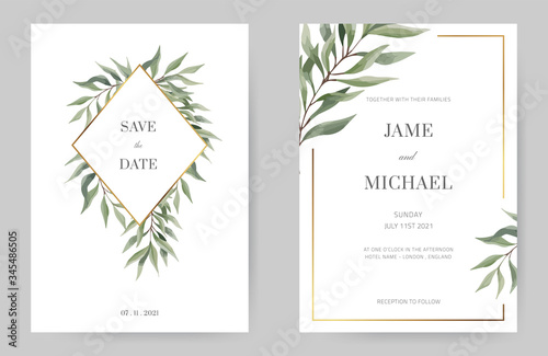 Green Eucalyptus Leaf Wedding Invitation, White Background, Gold Frame, Minimalist Design.