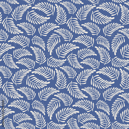 Palm pattern vector background. Indigo and white silhouette leaf vector seamless repeat design.
