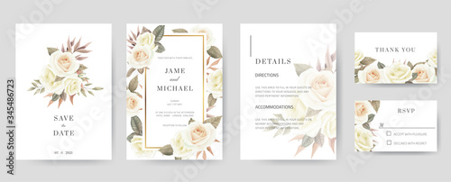 Wedding invitation card template consists of save the date, thank you, rsvp, details. Hand-painted white roses and watercolor. Vintage and minimal card set.