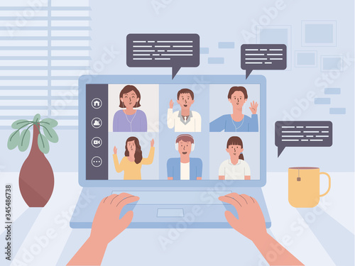 Hand of people using laptop on a table for connect other people in video conference. Illustration about online meeting with communication technology.