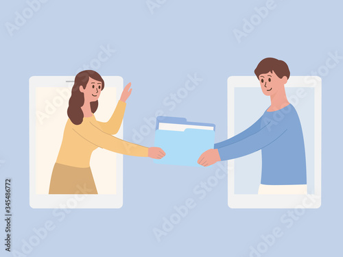 Woman out of the screen and send a digital file folder to her friend for work at home. Illustration about work with video conference by transferred documents ready to apply data for jobs. File transfe