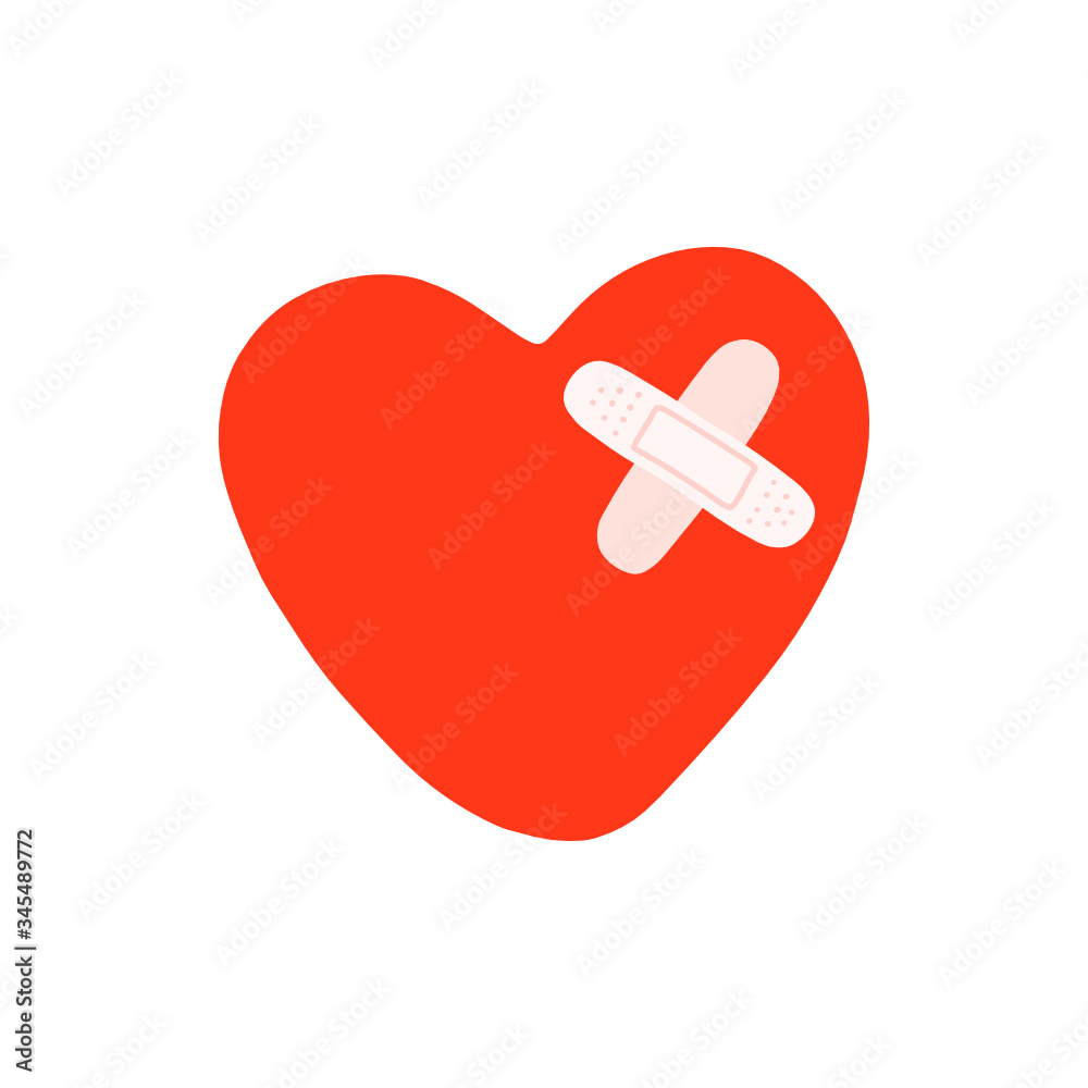 The stylized red heart is decorated with two patches. Medical illustration. The stylized red heart is decorated with two patches. Medical illustration.