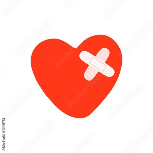 The stylized red heart is decorated with two patches. Medical illustration.
