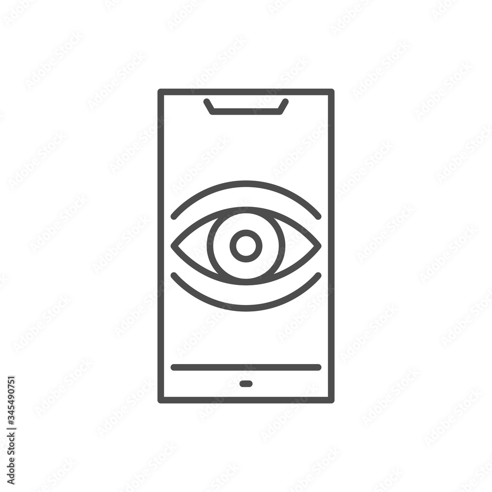 Surveillance smartphone related vector thin line icon. Eye on smartphone screen symbolizing user tracking. Isolated on white background. Editable stroke. Vector illustration. Surveillance smartphone related vector thin line icon. Eye on smartphone screen symbolizing user tracking. Isolated on white background. Editable stroke. Vector illustration.