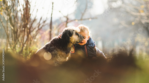 Happy toddler with her dog playing and hugging on sunny afternoon.